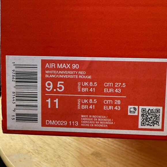 Nike Air Max 90 'White Grey University Red' DM0029-113 Men's Size 9.5 Shoes - Picture 9 of 10